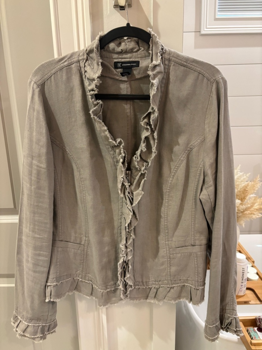 INC International Concepts Taupe Ruffle-Trim Linen Jacket